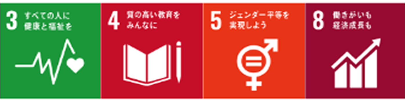 SDGsの目標3・4・5・8が並び、「健康」「教育」「ジェンダー平等」「働きがい」がテーマ。