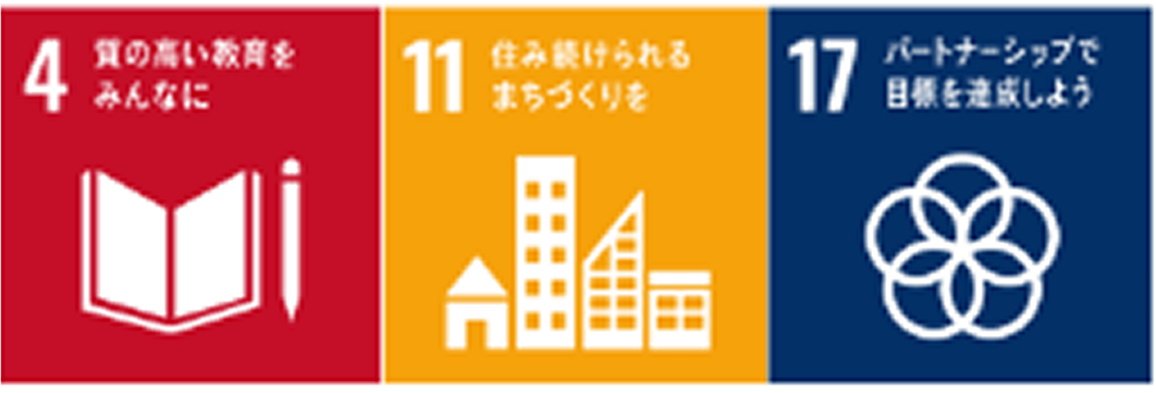SDGsの目標4・11・17が表示され、「教育」「持続可能なまちづくり」「パートナーシップ」が取り上げられている。